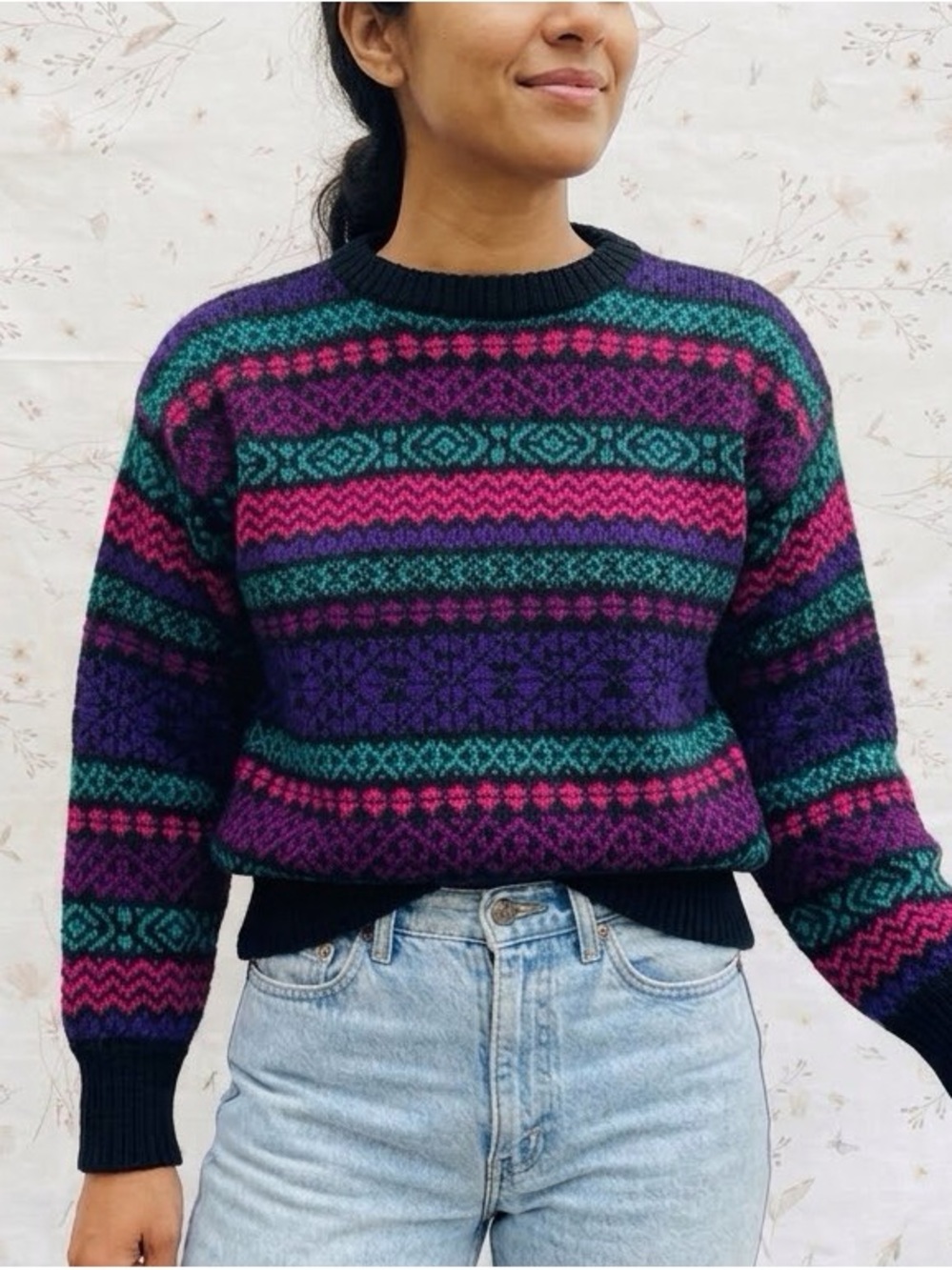 Vintage 80s 90s Meister 100% Wool Fair Isle Ski Sweater Size L Black Purple Teal
